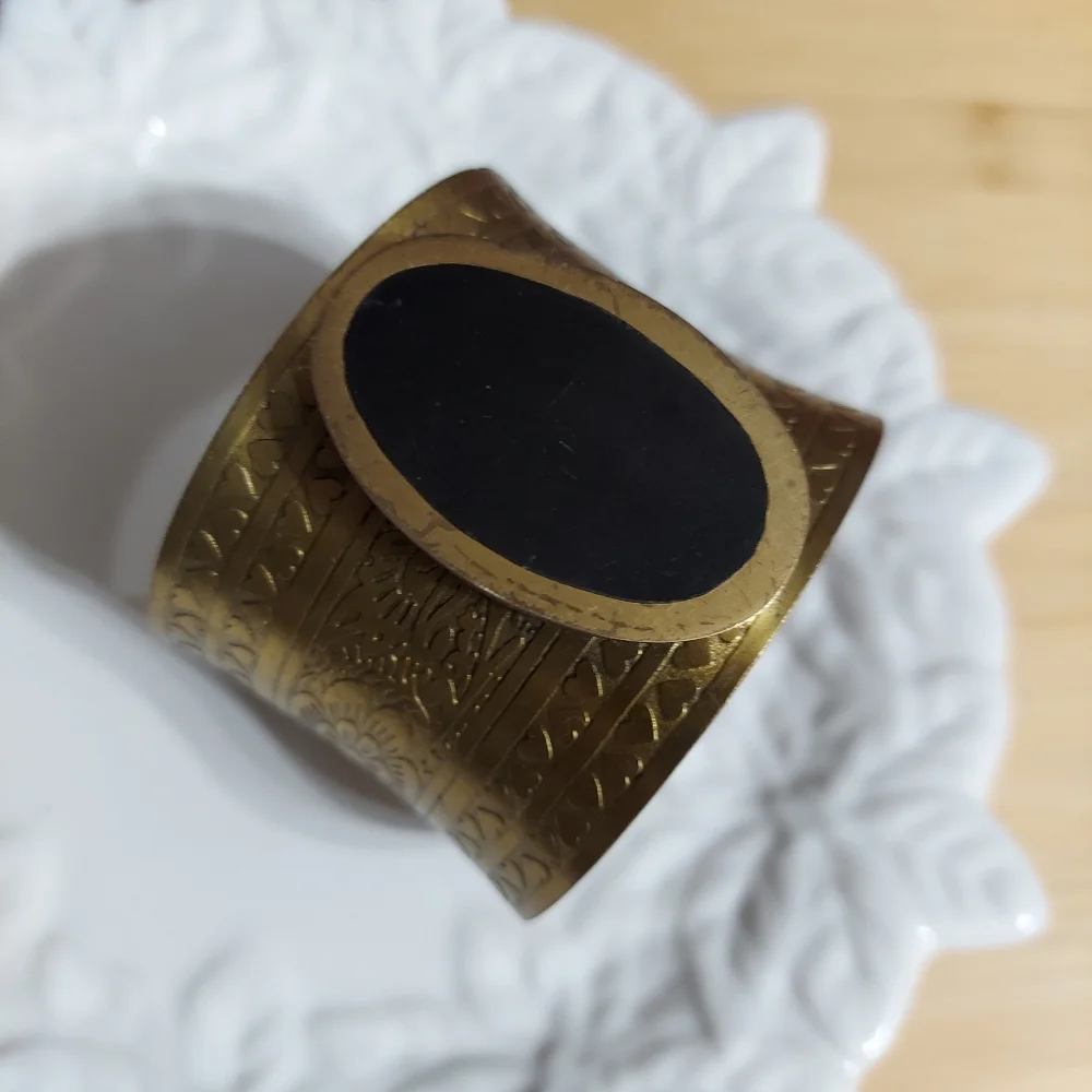 Textured Brass Cuff Design Bracelet w/ Beveled Oval Wood Center